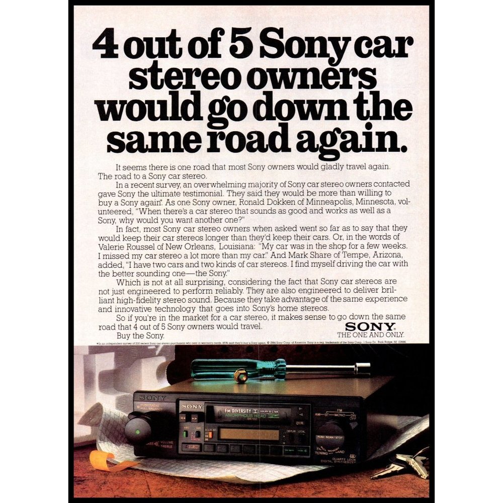 1984 Sony XR-100 Car Stereo Vintage Print Ad Installation Nut Driver Wall Art